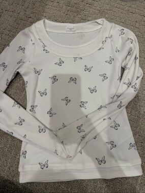 abercrombie kids White Long Sleeve Thermal Top with Black Butterfly Print